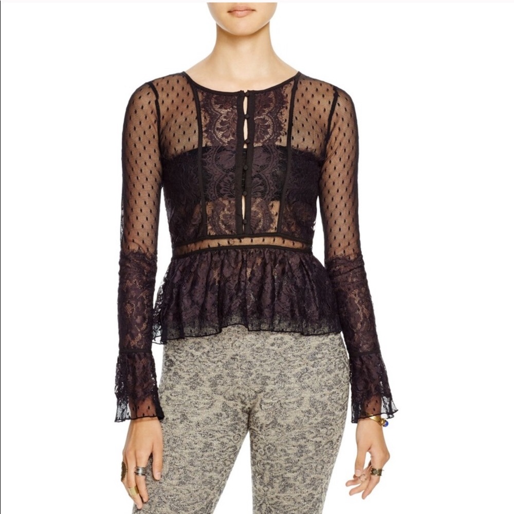 Free People Black Lace Penelope Blouse Small
